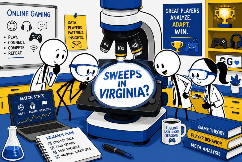 A cartoon representation of a group of stick figures looking at the words SWEEPS IN VIRGINIA? under a microscope in a lab using a vibrant yellow, blue, and white color scheme