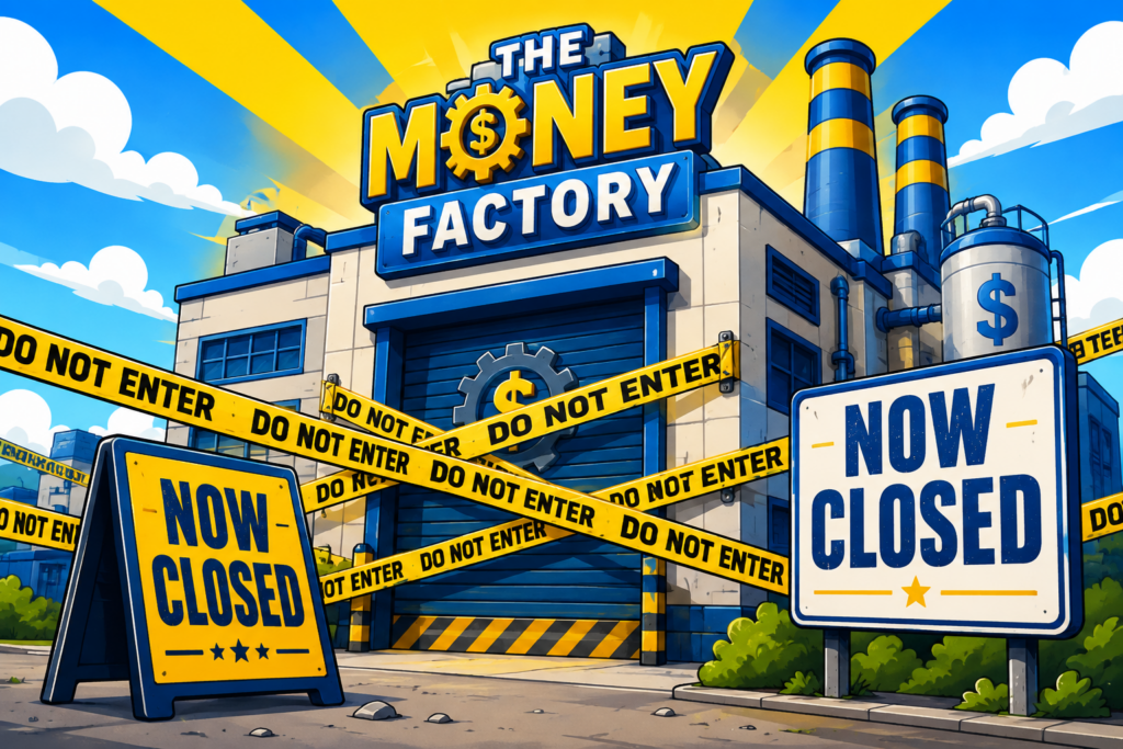 A cartoon representation of money factory with DO NOT ENTER tape all around it, with signs nearby saying NOW CLOSED, using a vibrant yellow, blue, and white color scheme