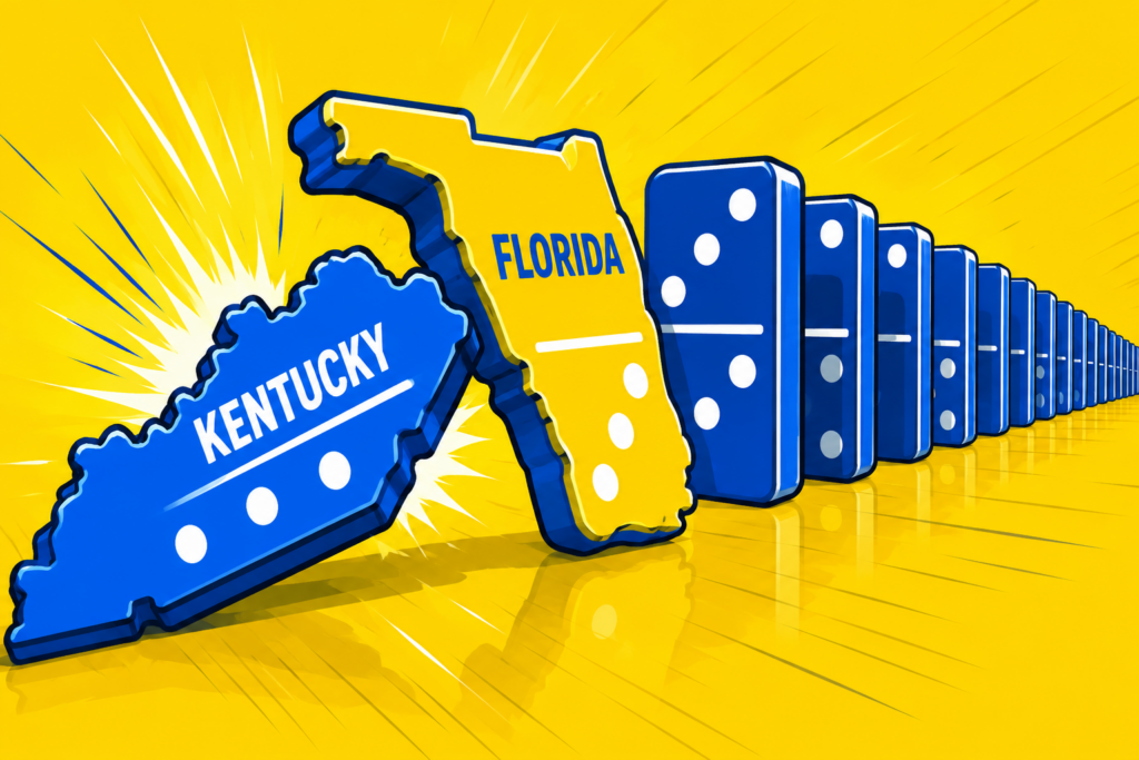 A cartoon representation of a Kentucky-shaped domino that has fallen into a Florida-shaped domino that's about to fall into the first of a long line of dominoes after it using a vibrant yellow, blue, and white color scheme