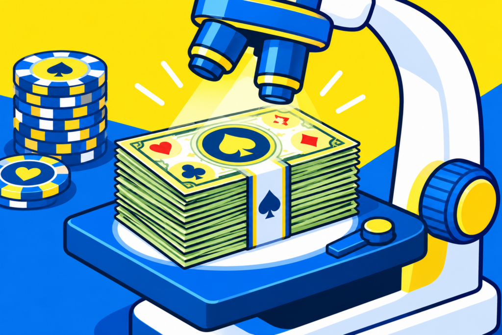 A cartoon representation of a stack of money (with casino symbols instead of dollar symbols) under a microscope using a vibrant yellow, blue, and white color scheme