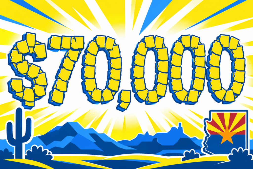 A cartoon representation of the number $70,000 created with a bunch of Arizona state outlines using a vibrant yellow, blue, and white color scheme.