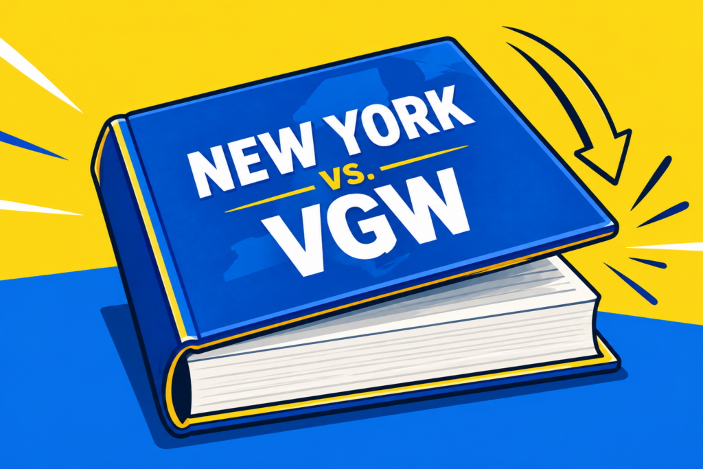A cartoon representation of a book closing, and the book is called NEW YORK vs. VGW, using a vibrant yellow, blue, and white color scheme