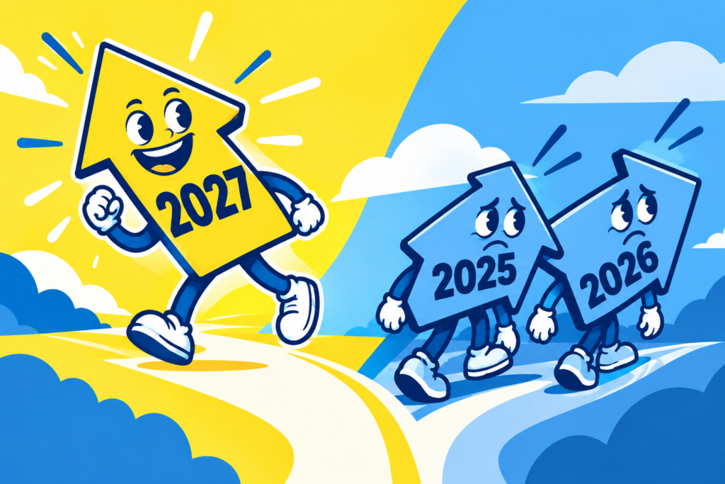 A cartoon representation of a happy looking arrow turning to 2027 on the left next to a sad looking arrow turning to 2025 & 2026 on the right using a vibrant yellow, blue, and white color scheme